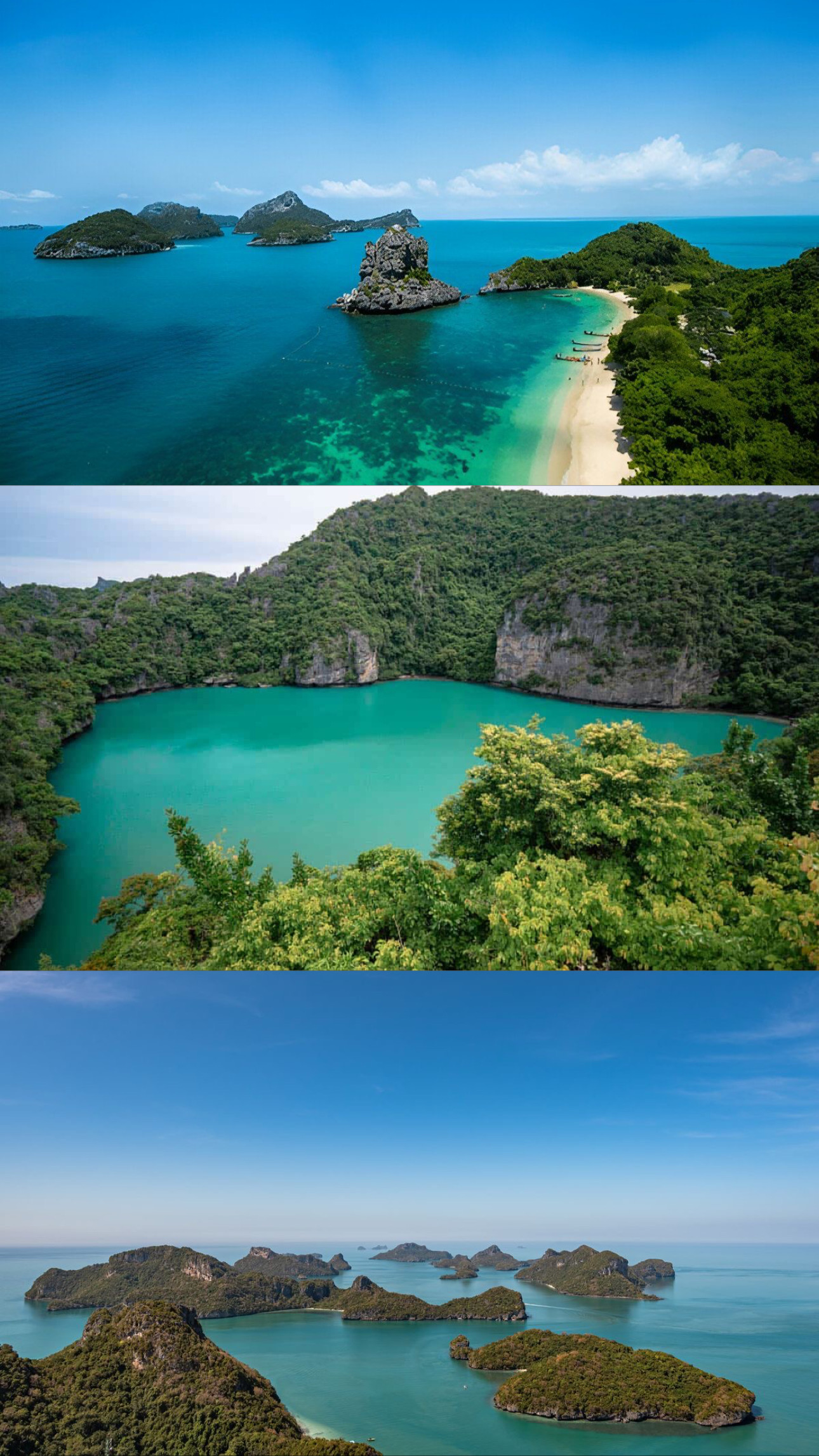 Beaches, emerald lagoon and island panorama in Ang Thong National Marine Park