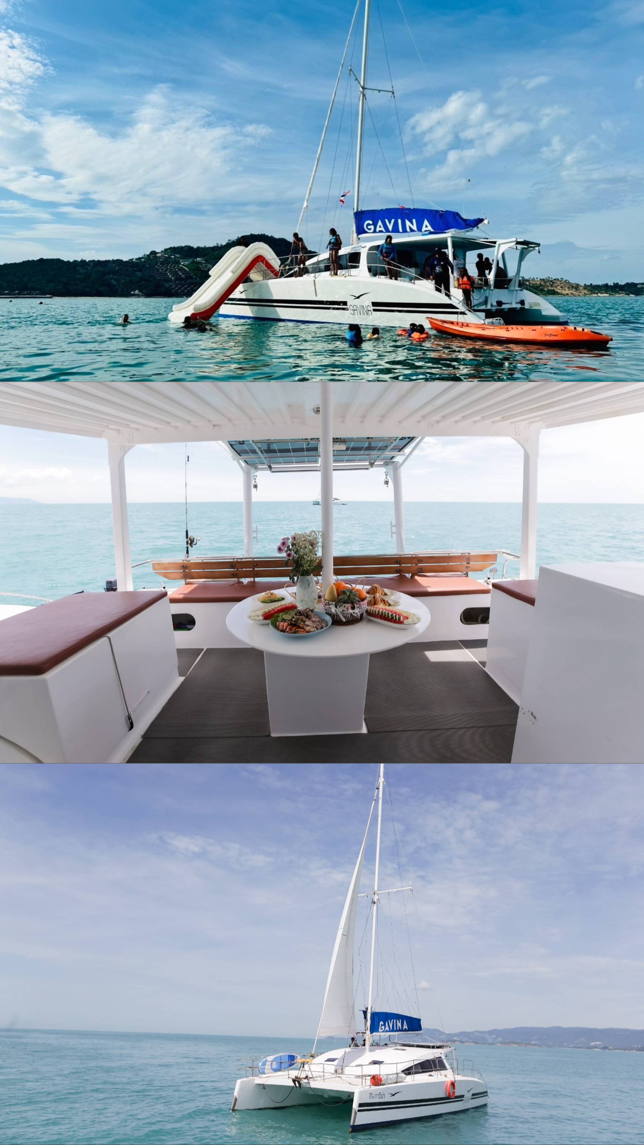 Gavina catamaran deck and private charter experience