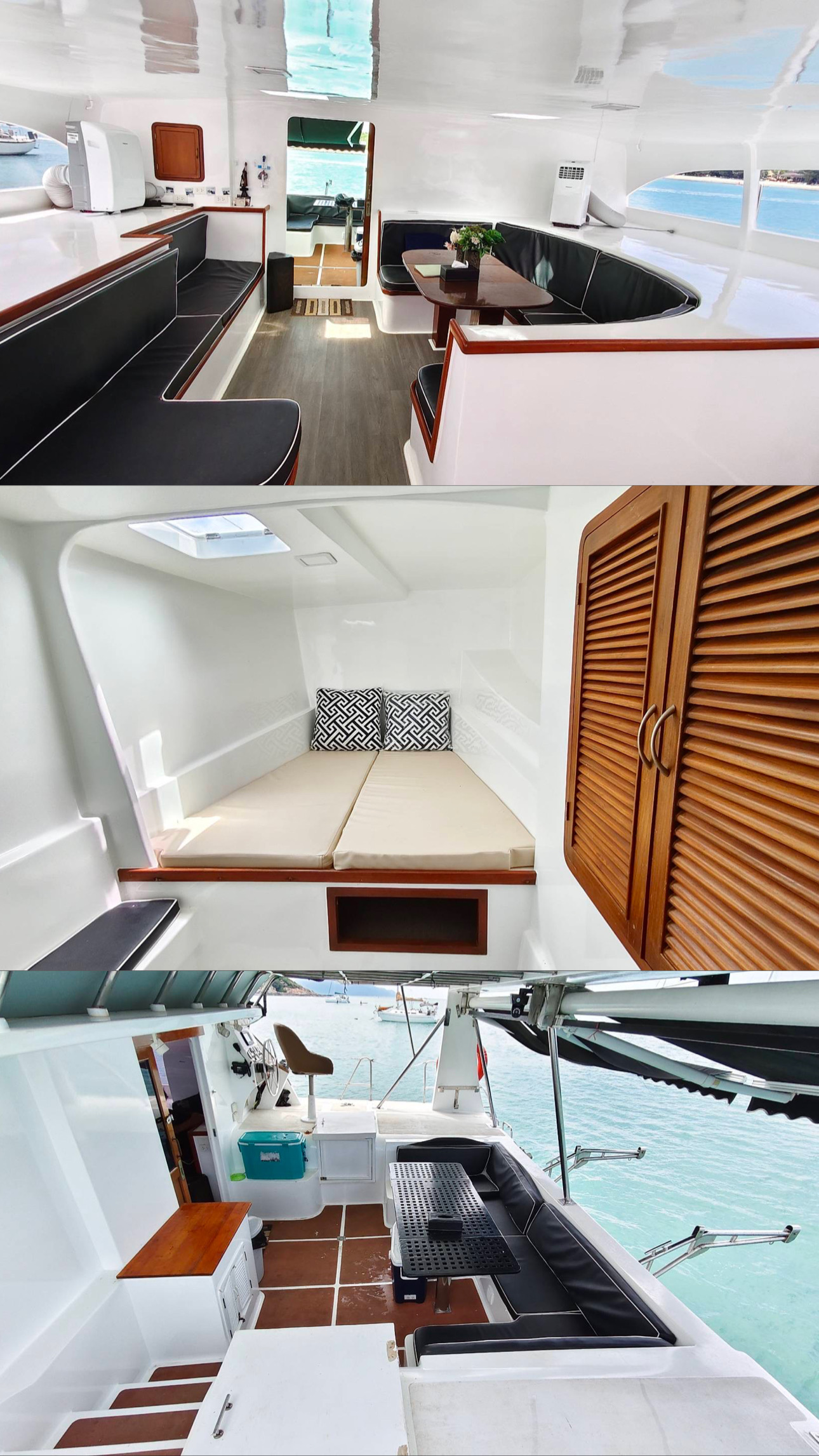 Catamaran interior, cabin and shaded deck for up to 23 guests