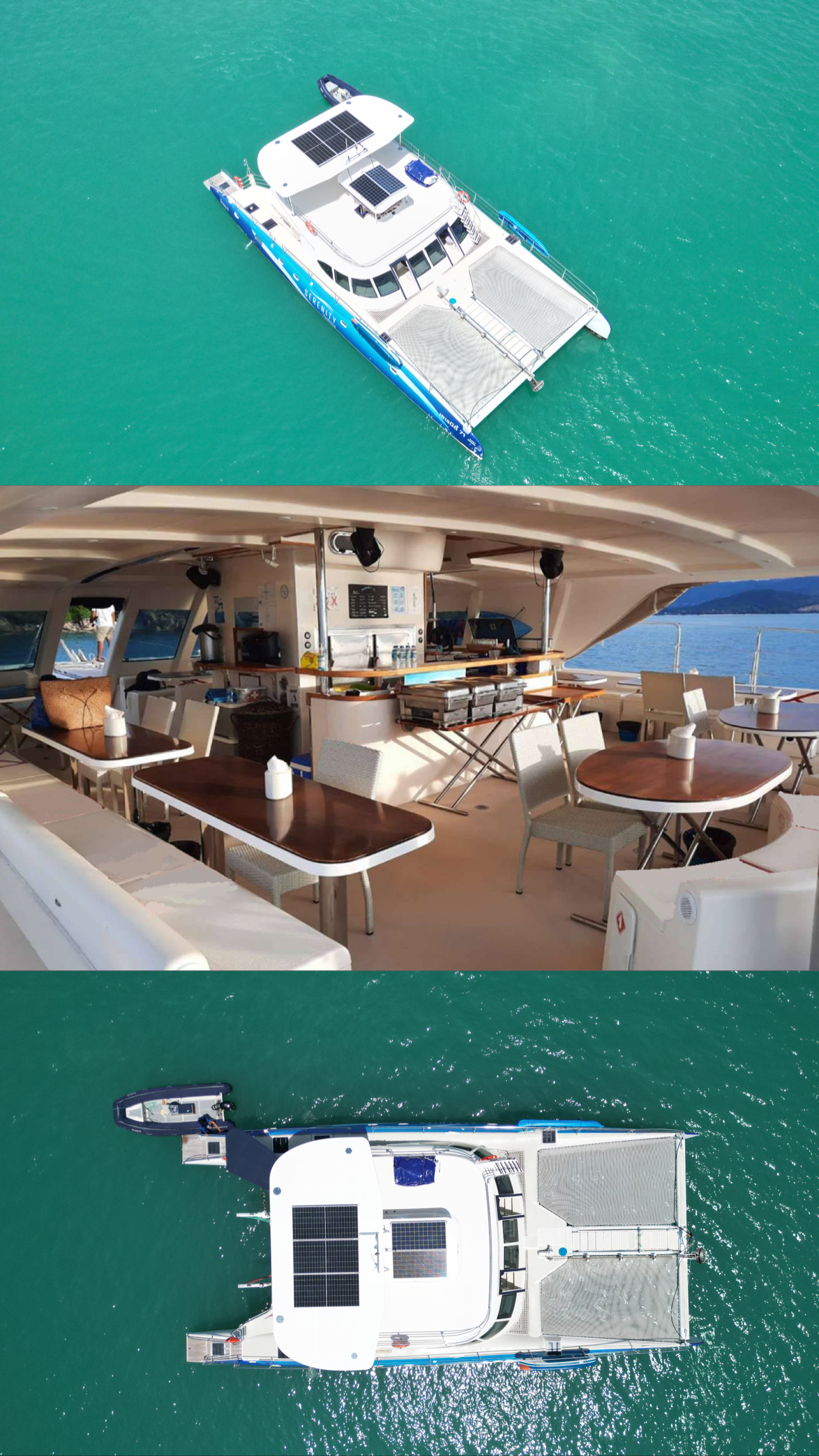 Serenity large catamaran aerial view and guest deck