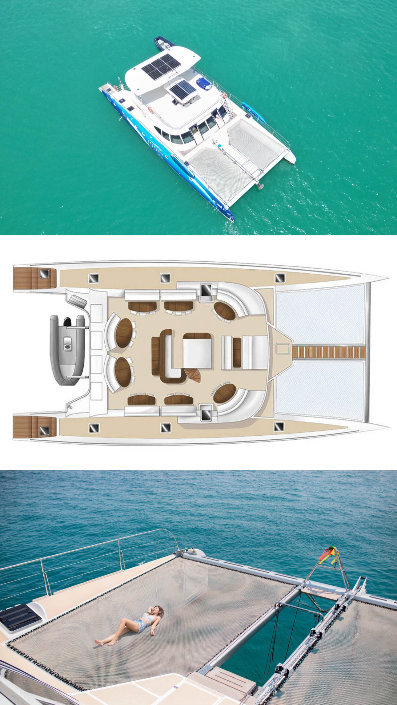 Serenity large catamaran deck plan and relaxation nets