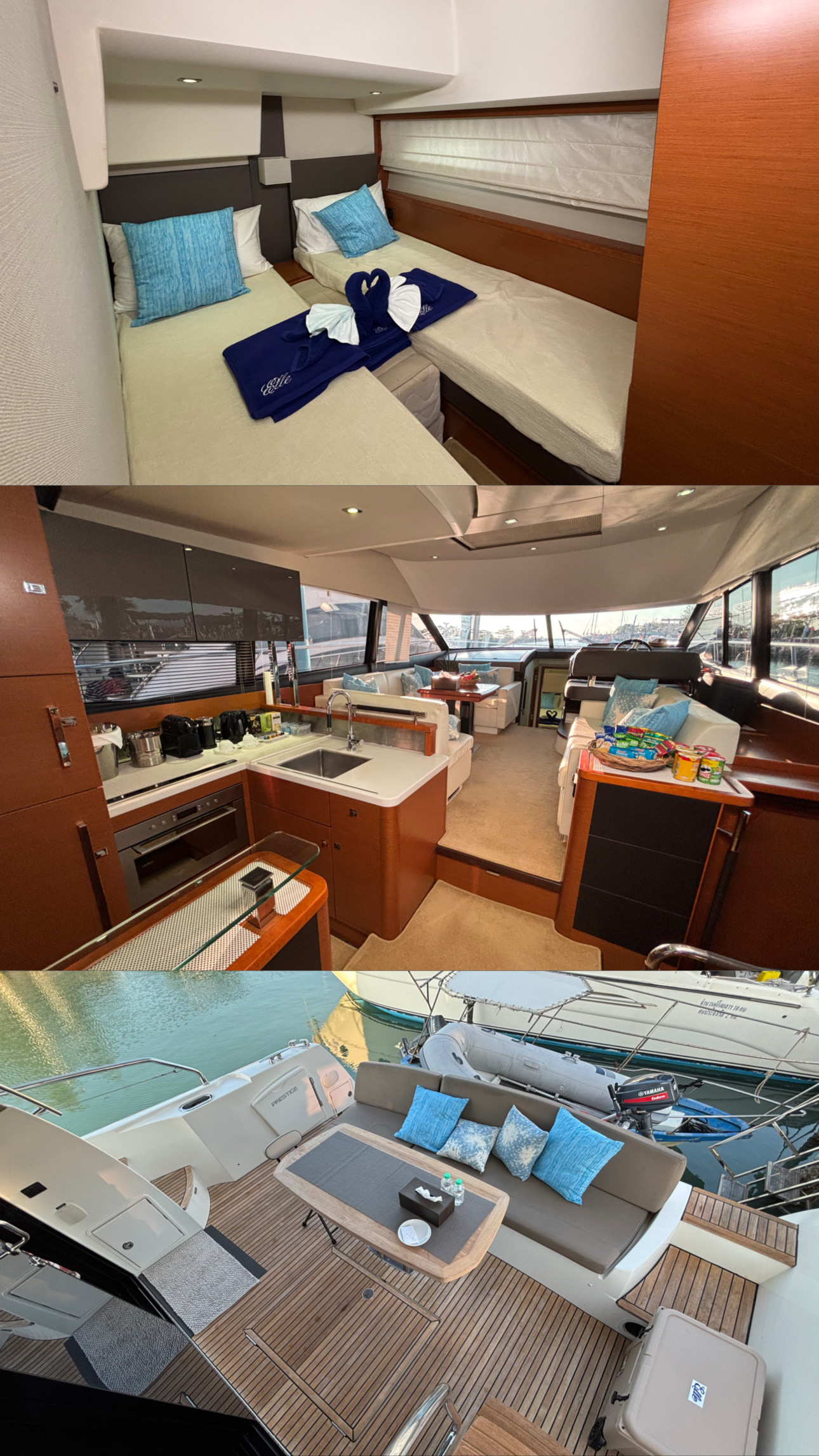Prestige 500 guest cabin, galley and aft deck